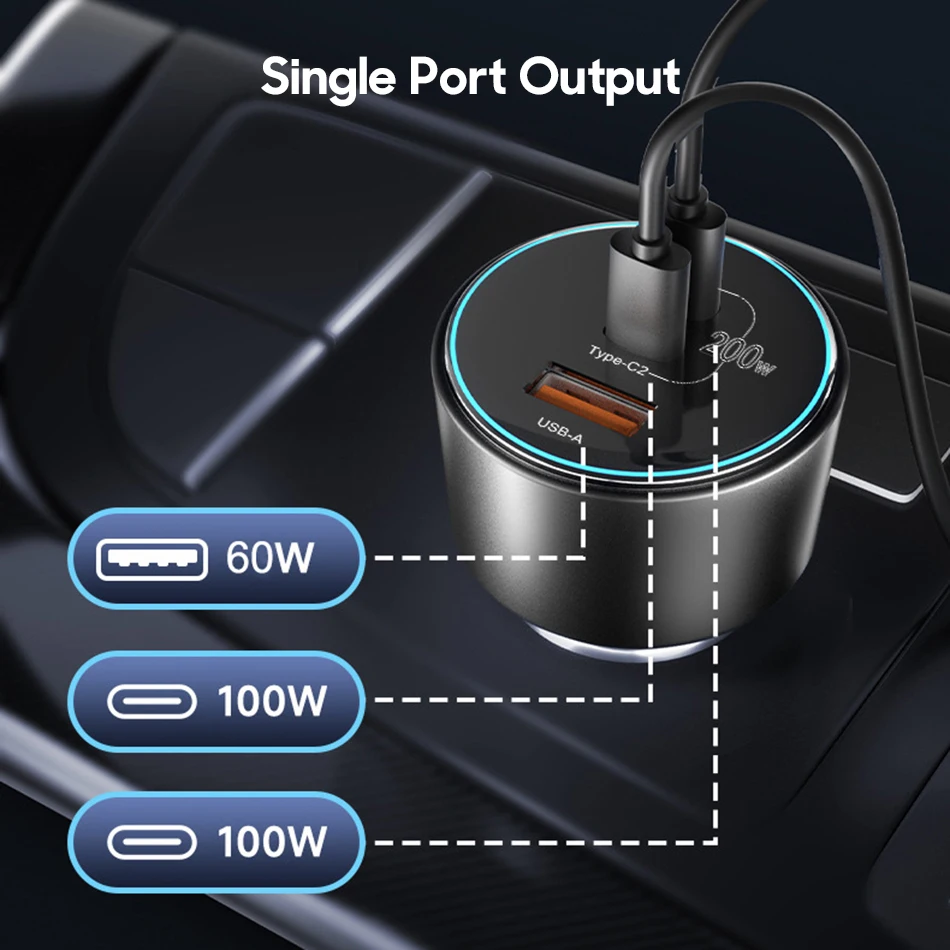 Ubigbuy 200W Car Charger 3-Port Quick Charge 3.0 USB C PD 100W PPS 45W Super Fast Charging for MacBook Pro iPhone 15 Samsung S23