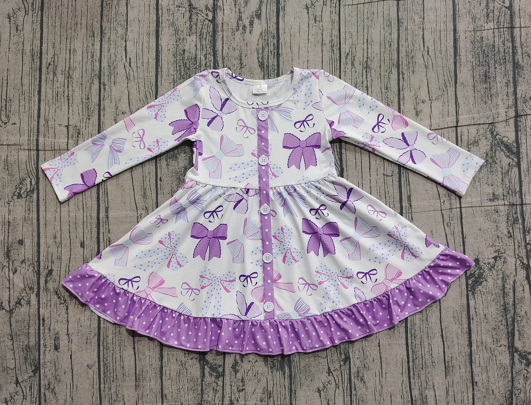 

Z1101-20 GLD1271 Kids Girls Clothes Long Sleeve Bows Print Baby Fall Dress
