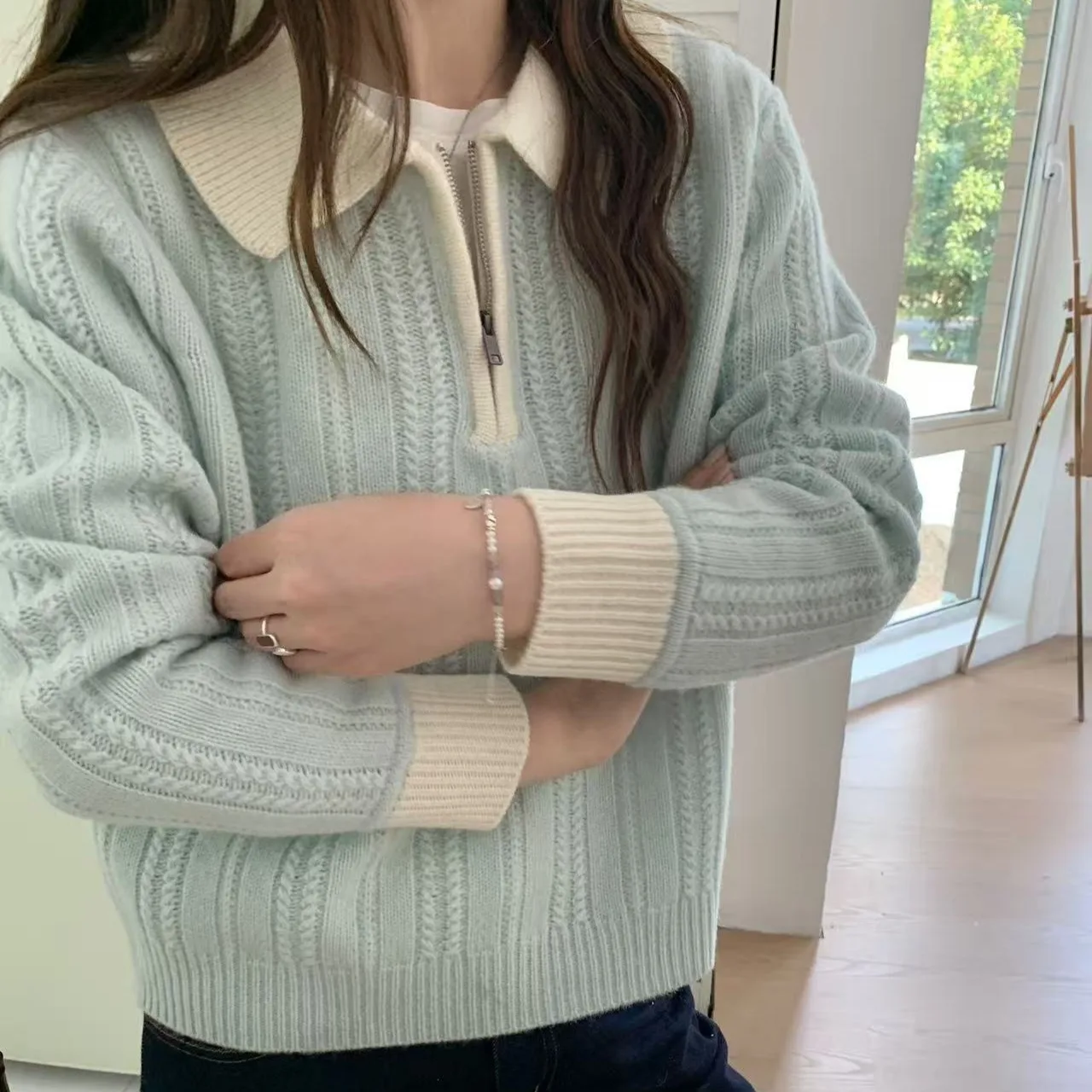 تريكو البلوزات محبوك سترة المرأة البلوفرات الحلو جديد كم طويل رفض طوق متماسكة سترة البلوز المرأة بلايز Q2048