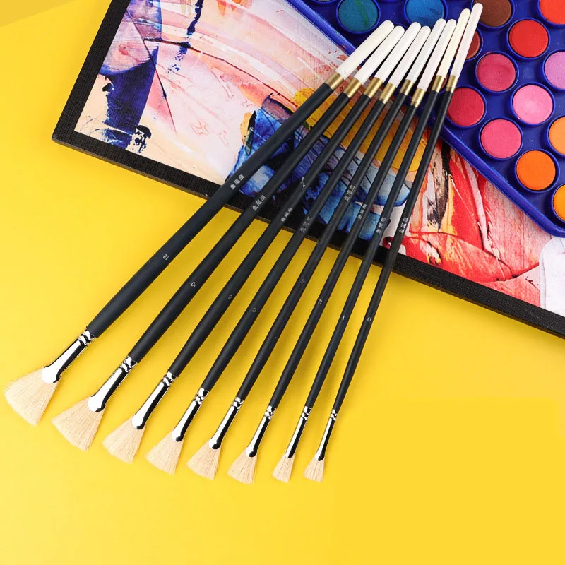 

8Pcs Bristle Fan-shaped Oil Paint Brush Set Long Birch Rod Fishtail Gouache Watercolor Brush Training Class Artist Paint Brushes