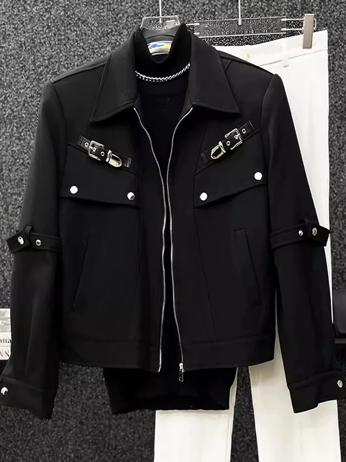 

Metallic Deconstructed Belted Design Workwear Jaet Men's ort Sle Spring Autumn Trendy Outerwear Casual Fit Zipper Closure