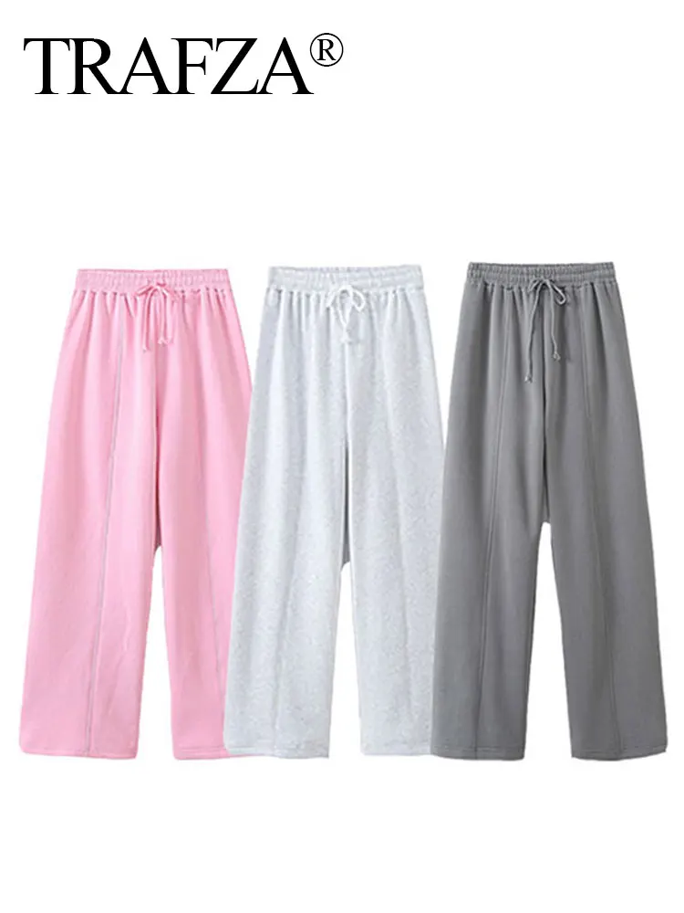 TRAFZA Spring Women Casual Wide Leg Pant Elastic Waist Drawstring Loose Trousers Fashion Solid Y2k Woman Elegant Pants