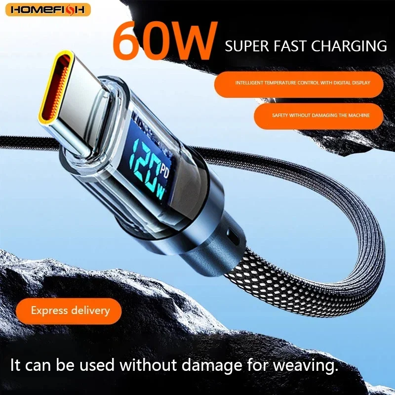 HOMEFISH 60W USB-C Super Fast Charging Cable with Digital Display, Braided Anti-Fracture Wire, Maximum Compatible with 120W