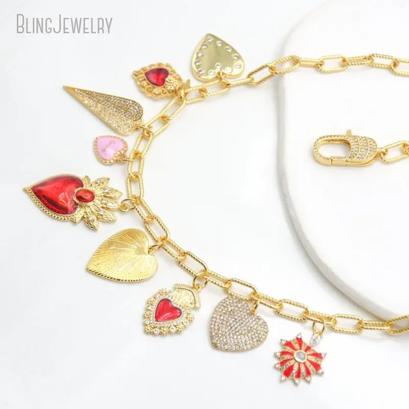 5pcs k Gold Color CZ Red Lip Sacred Milagro Catholic Heart Love Charm Necklace Women Layer Jewelry