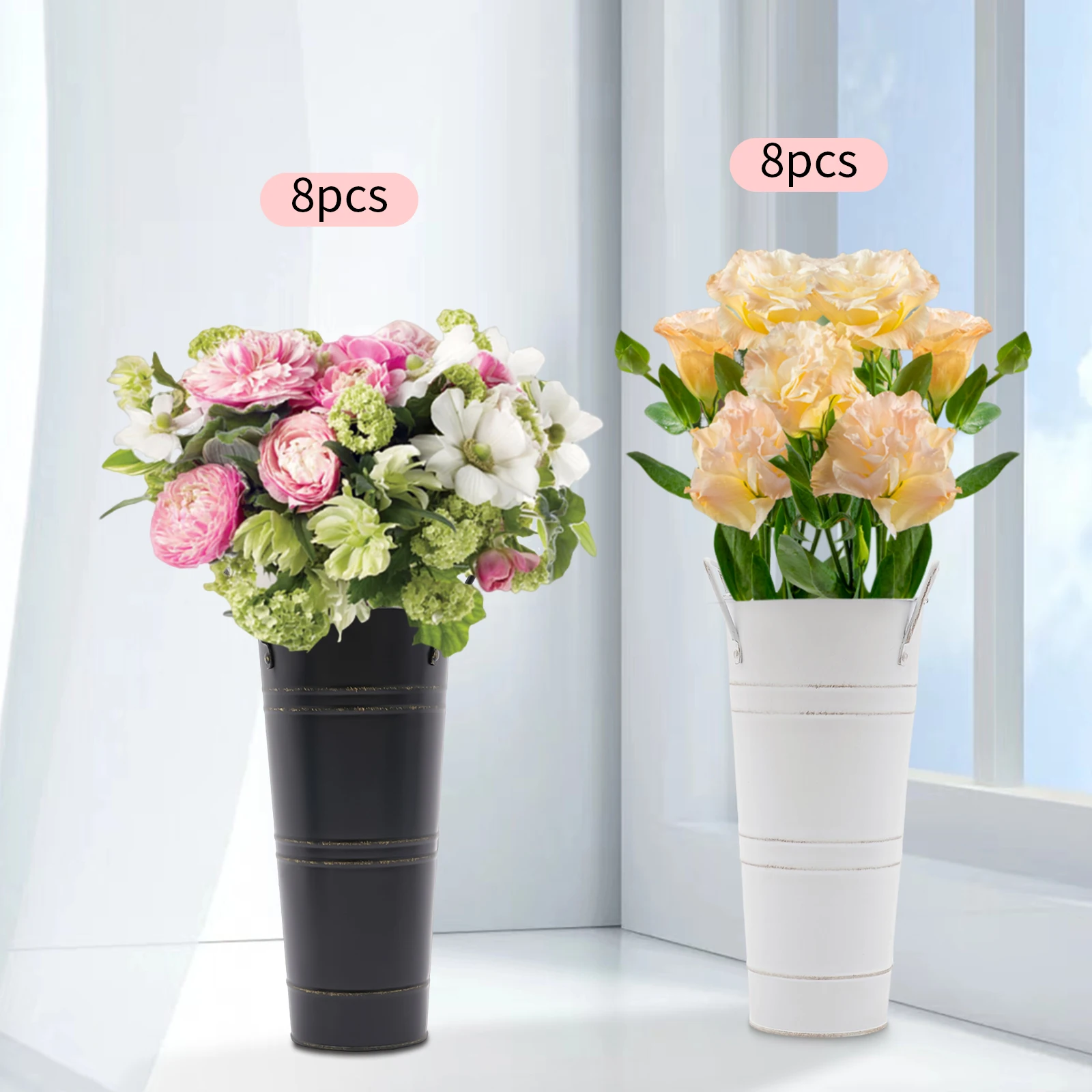 8+8PCS Metal Flower Vases for Bouquet Umbrella Stand Bucket with Handle Bin Sticks Holder Freestanding Floor Home Office Decor