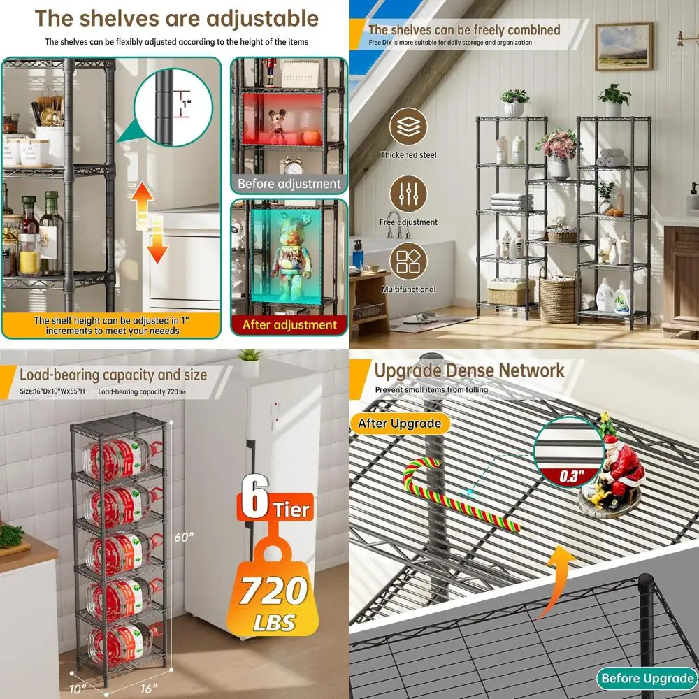 

6-Tier Adjustable Metal Mesh Shelf Organizer for Home, Kitchen, Office, and Bathroom - 10D x 16W x 60H in Black