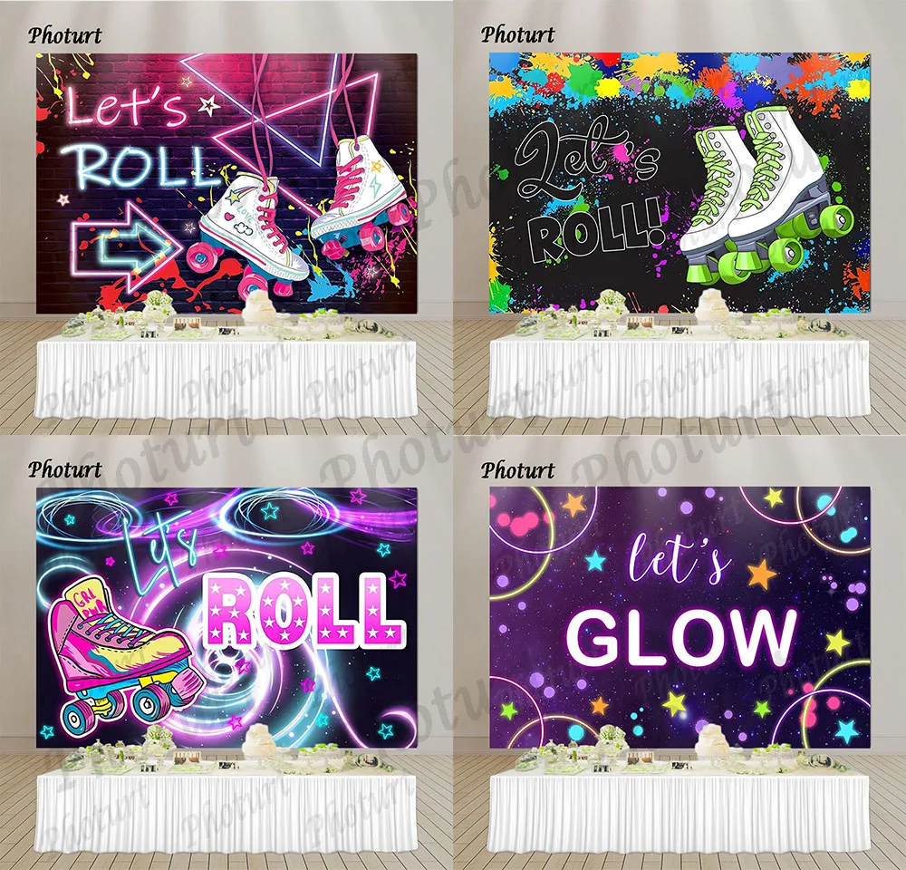 Photurt Let's Roll Backdrop Girl Birthday Party Background Roller Skating Purple Neon Glow Vinyl Polyester Photography Props