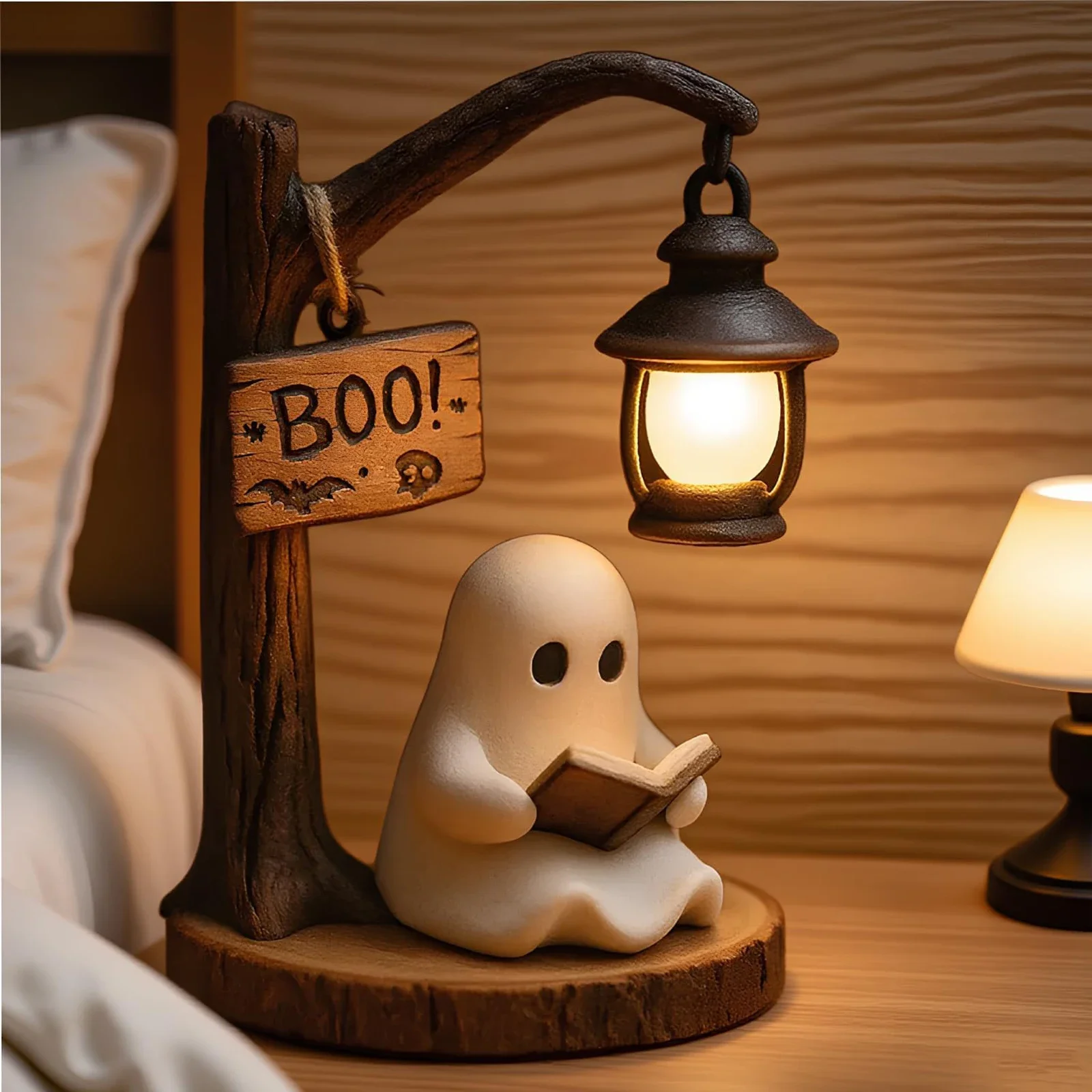 

Cute Ghost Reading Lantern - Boo 3D Resin Halloween Ghost Night Light Battery Operated Desk Lamp for Home Decor, Book Lover Gift