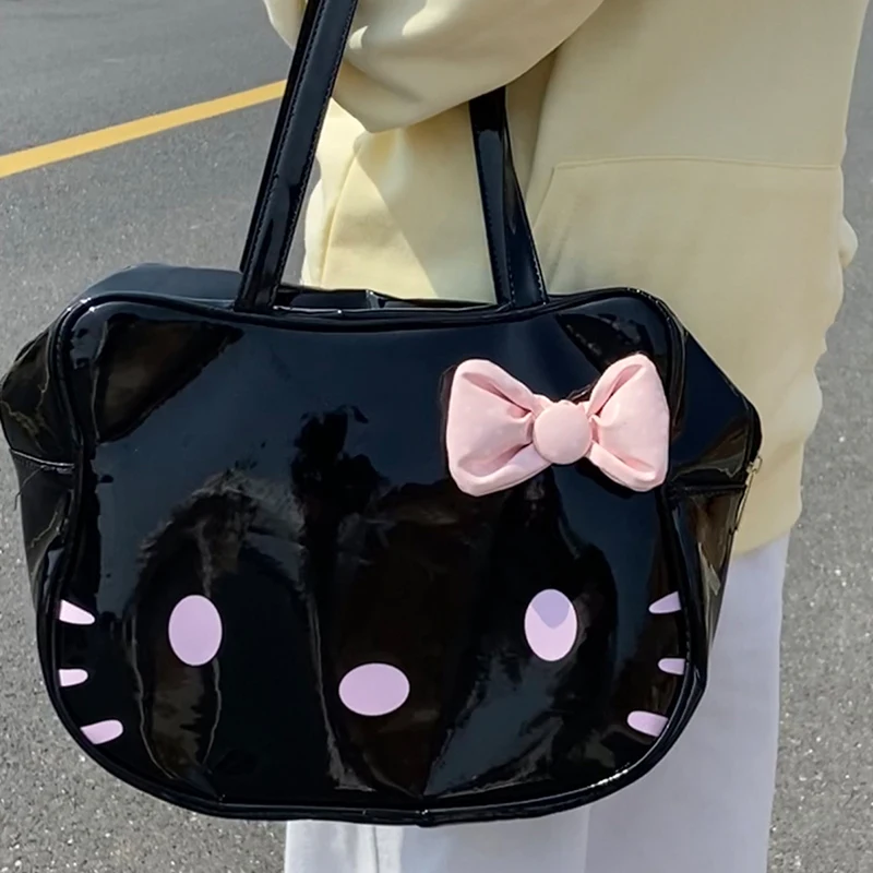 Hello Kitty Kawaii borsa Sanrio Cartoon Bow Y2K Pu Leather impermeabile durevole studente Versatile borsa a tracolla di grande capacità