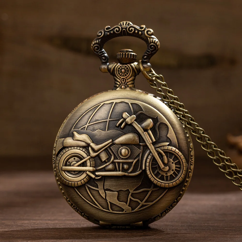 Retro Motorcycle CAR Pattern Quartz Pocket Watch Motorbike MOTO Design Pendant Fob Watch Chain Gifts for Men