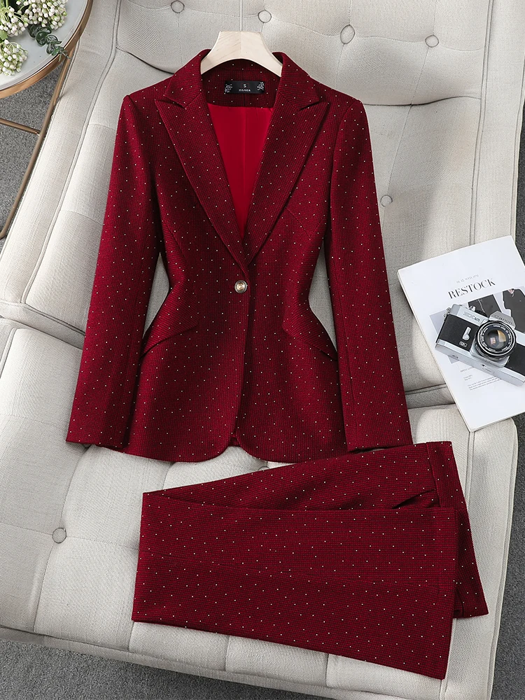 

Fashion Winter Women's Pant Suit Ladies Female Business Work 2 Piece Set Red Coffee Gray Formal Blazer Jacket And Trouser