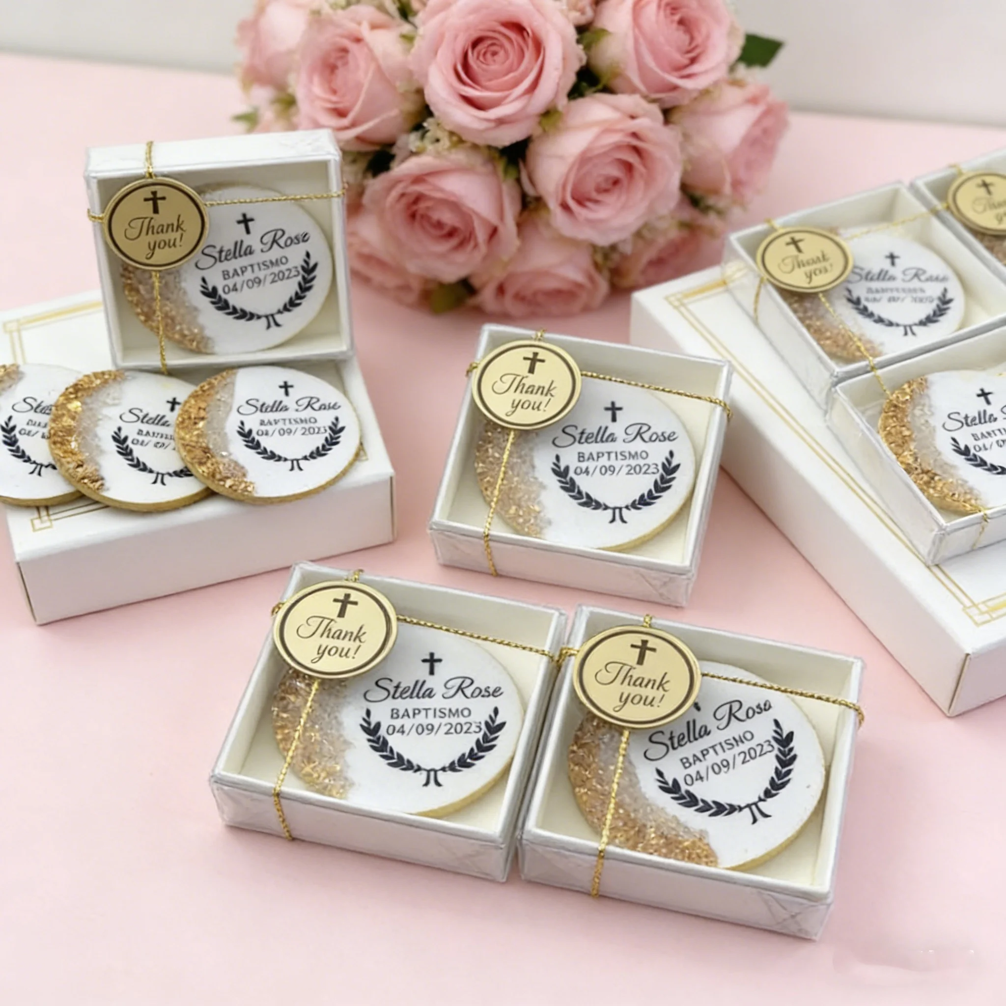 Personalized Gold Epoxy Baptism Magnet | Custom Christening Party Favors Keepsake