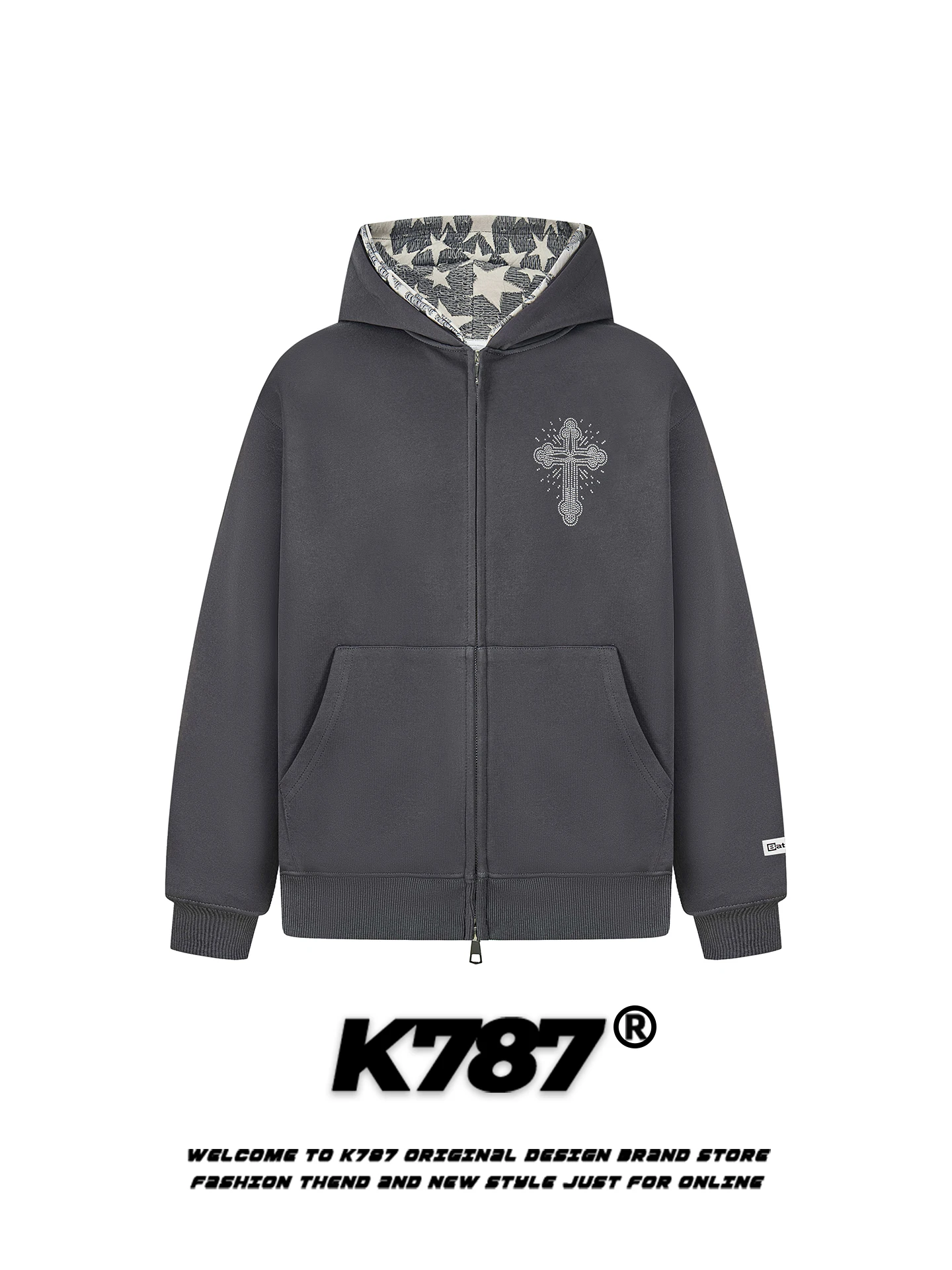 K787 Felpa con cappuccio incrociata con strass retrò americano ex sciolto casual versatile coppia Jaet autunno lungo chiusura con cerniera