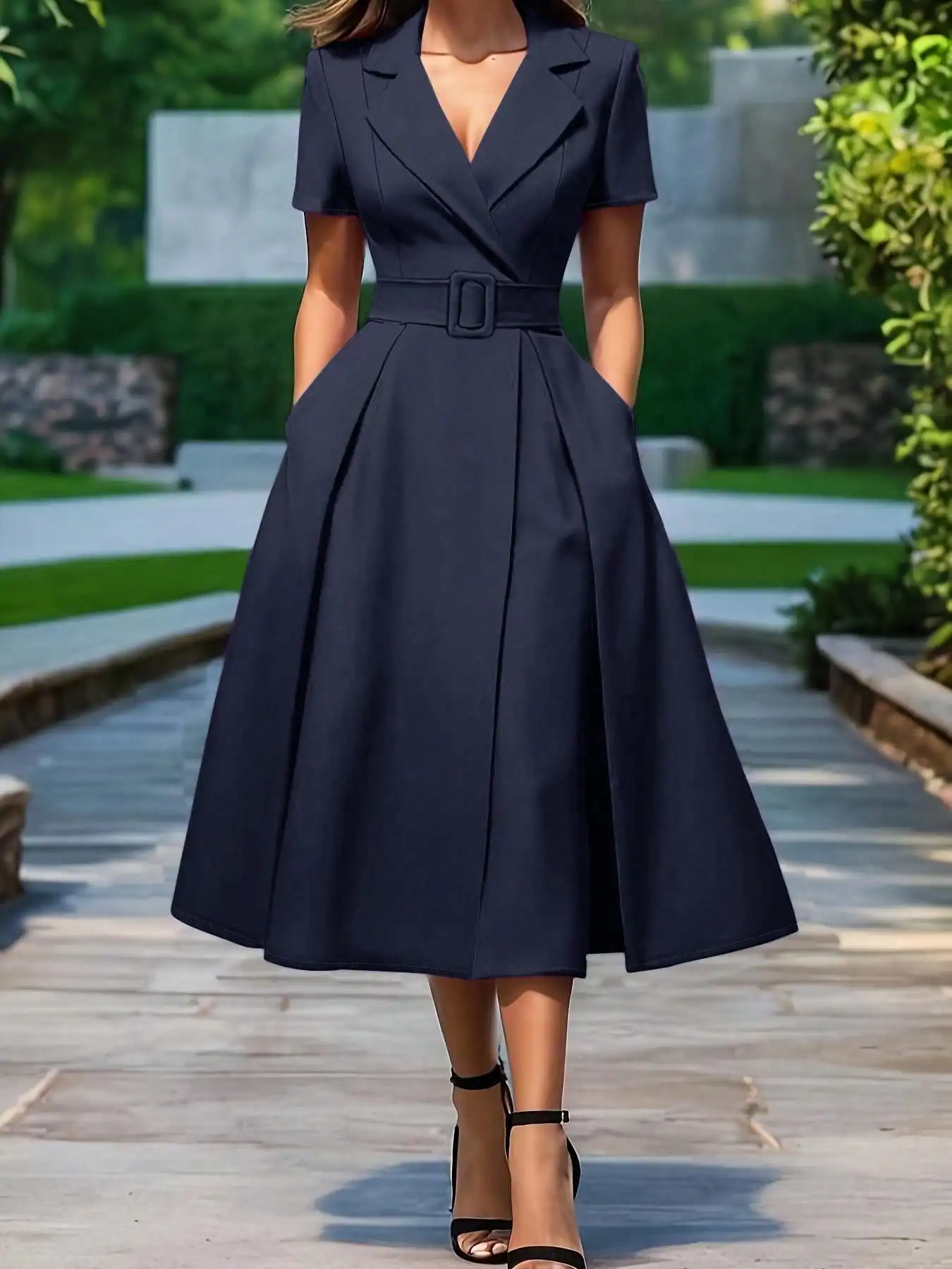 

Elegant Short Sleeve A-Line Dress With Lapel Collar And Waist Belt
