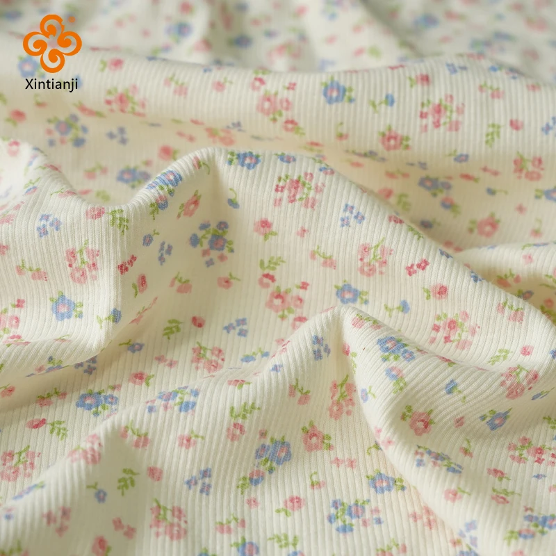 135x50cm Rib Knit Fabric Little Flowers product Cute Pattern For Girls Top Sewing Vest, Soft And Elastic Stretch Dress Material