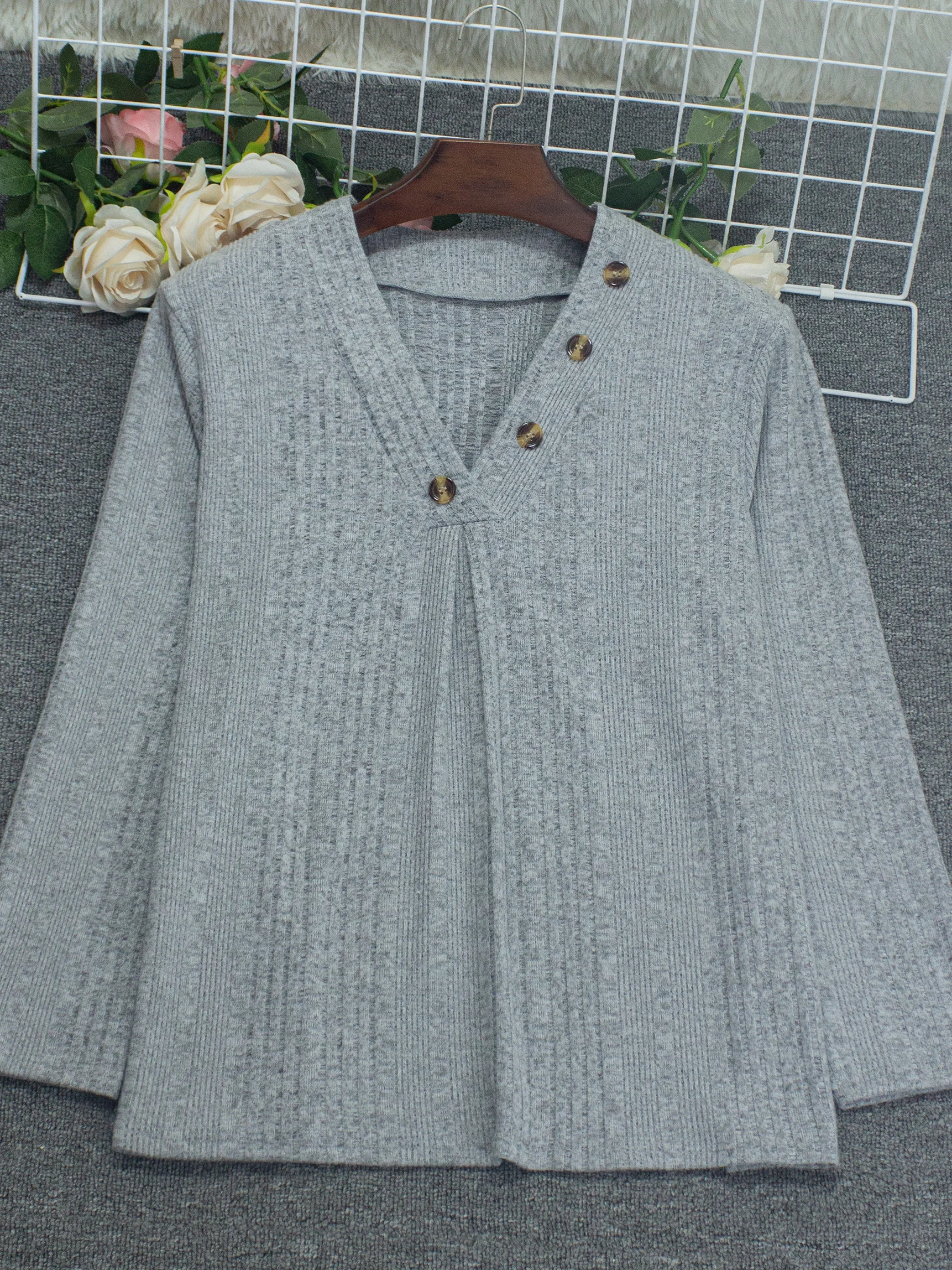 Elegante plus size blouse dames gebreide trui effen kleur V-hals button-down tuniek topshirt