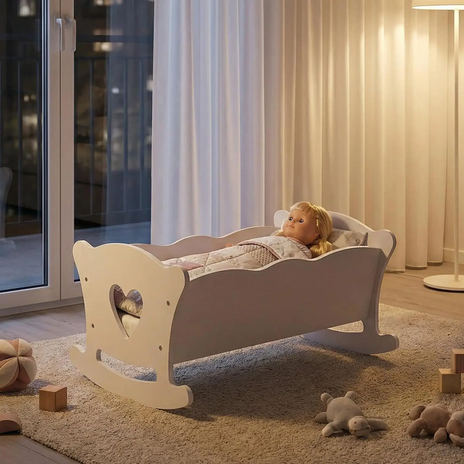 Drewniana kołyska dla lalek, uroczy zestaw mebli do pokoju dziecięcego, łóżeczko dla lalek, kołyska bujająca się dla chłopców, dziewczynek, dzieci, przedszkolaków i przedszkolaków w wieku przedszkolnym.