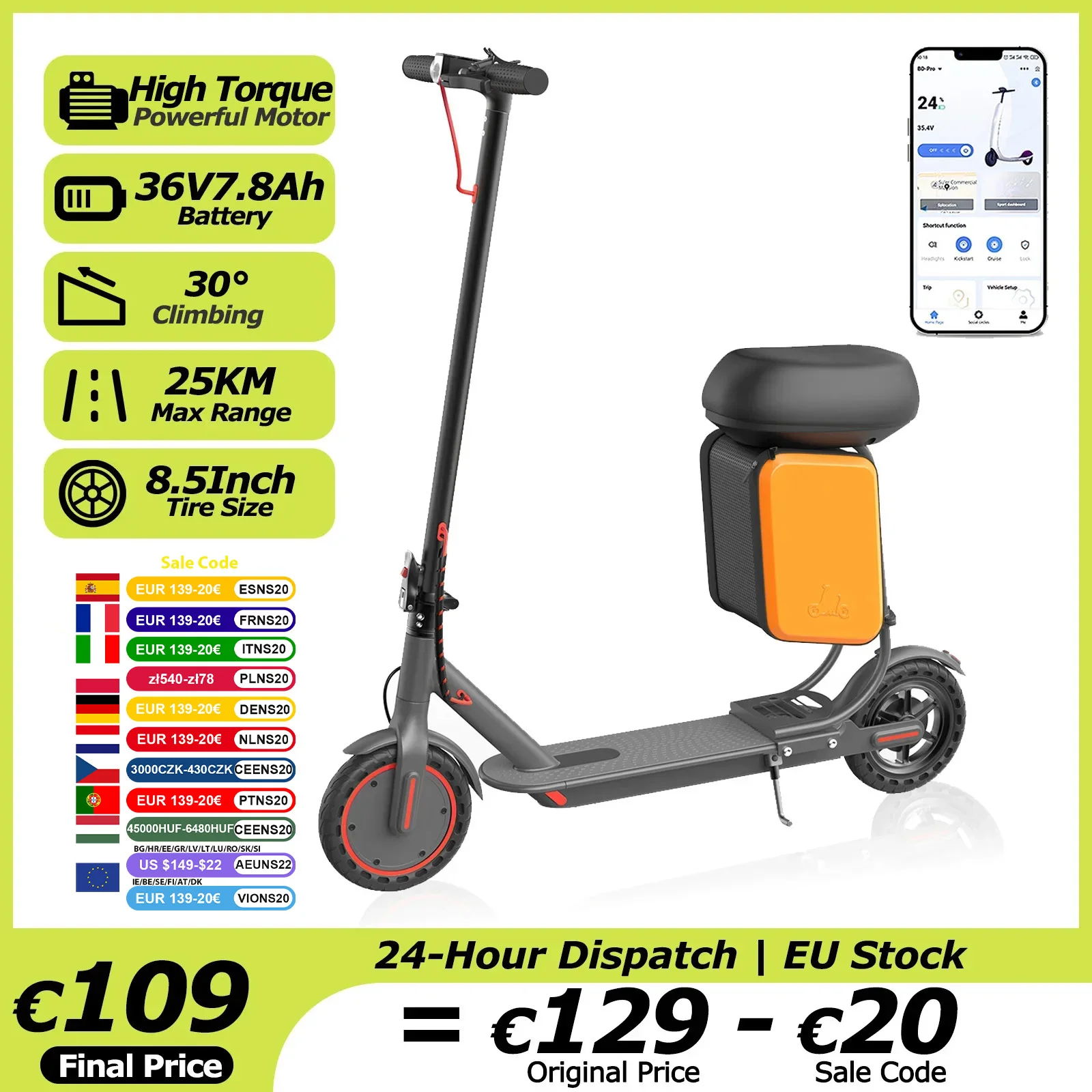 AOVOPRO Urban X1 Elektroroller mit Sitz, Leistungsstarker Motor 36V7.8Ah, 25KM Reichweite, mit Staufach, 8,5 Zoll, mit APP, Doppelbremsen, E-Scooter