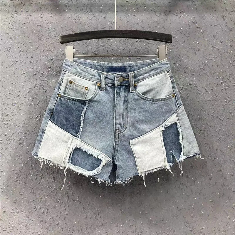 

Personality Color-blocking Denim Shorts for Women in The Summer of 2025,Loose and Versatile Wide-leg Stitching Spell Color Jeans