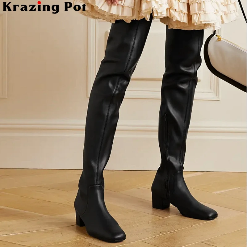 

Krazing Pot Superstar Big Size 44 45 Thick Heels stretch Thigh High Boots Winter Shoes Solid Pleated Modern Over-the-knee Boots