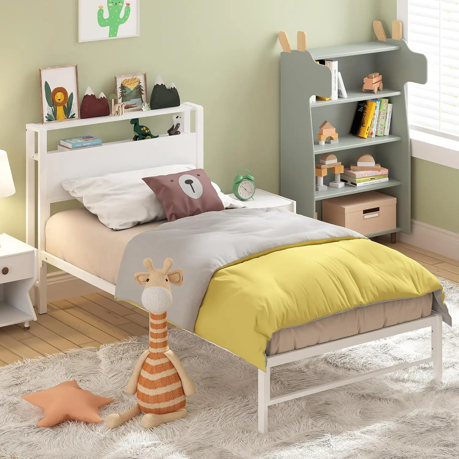

Twin Bed Frames for Kids, Twin Size Bed with 2 Tiers Wood Shelves Headboard No Box Spring Needed Easy Assembly Heavy Duty Metal