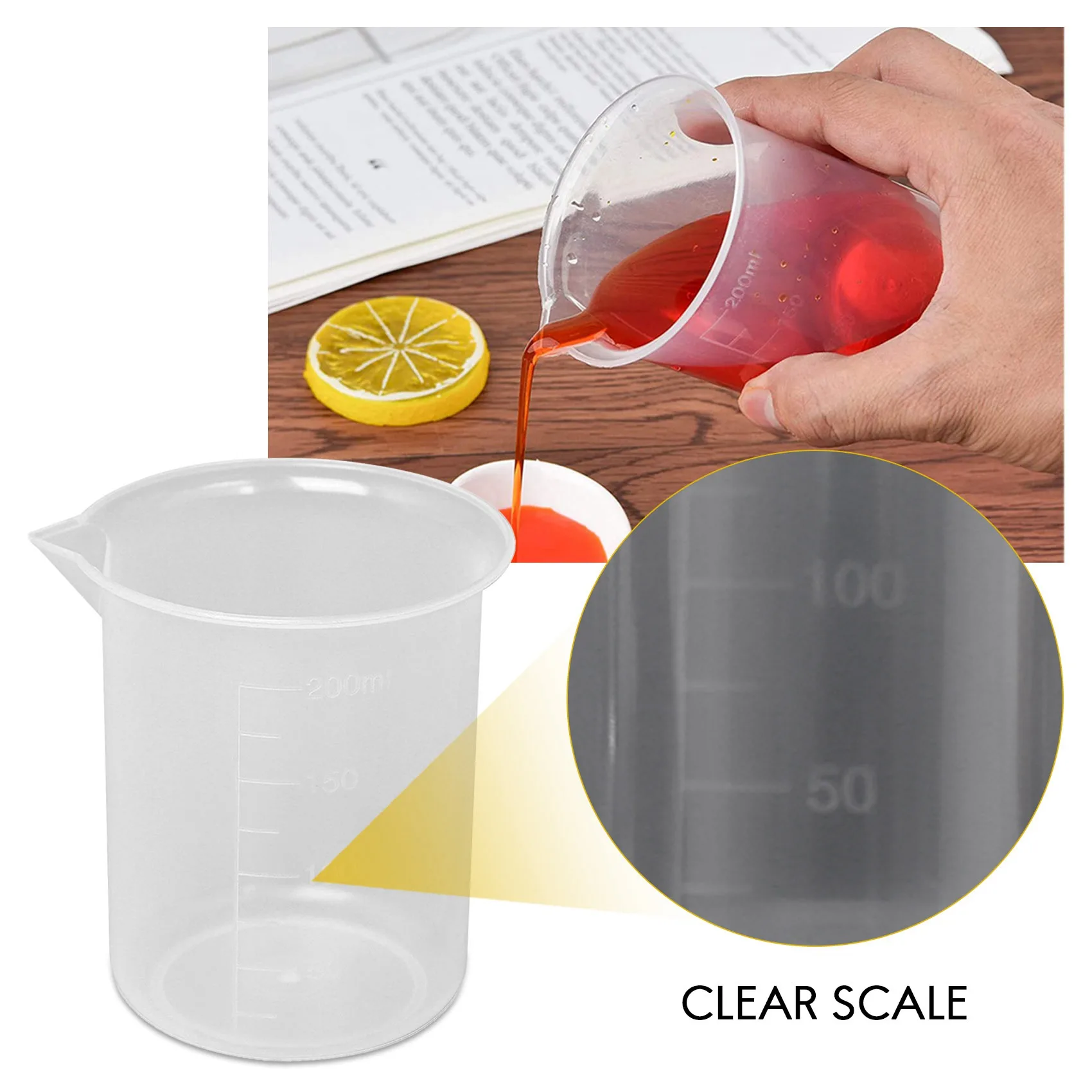 Vaso graduado de laboratorio de cocina A06K, vaso medidor de plástico transparente grueso con tapa, jarra medidora de 200mL, 2 uds.