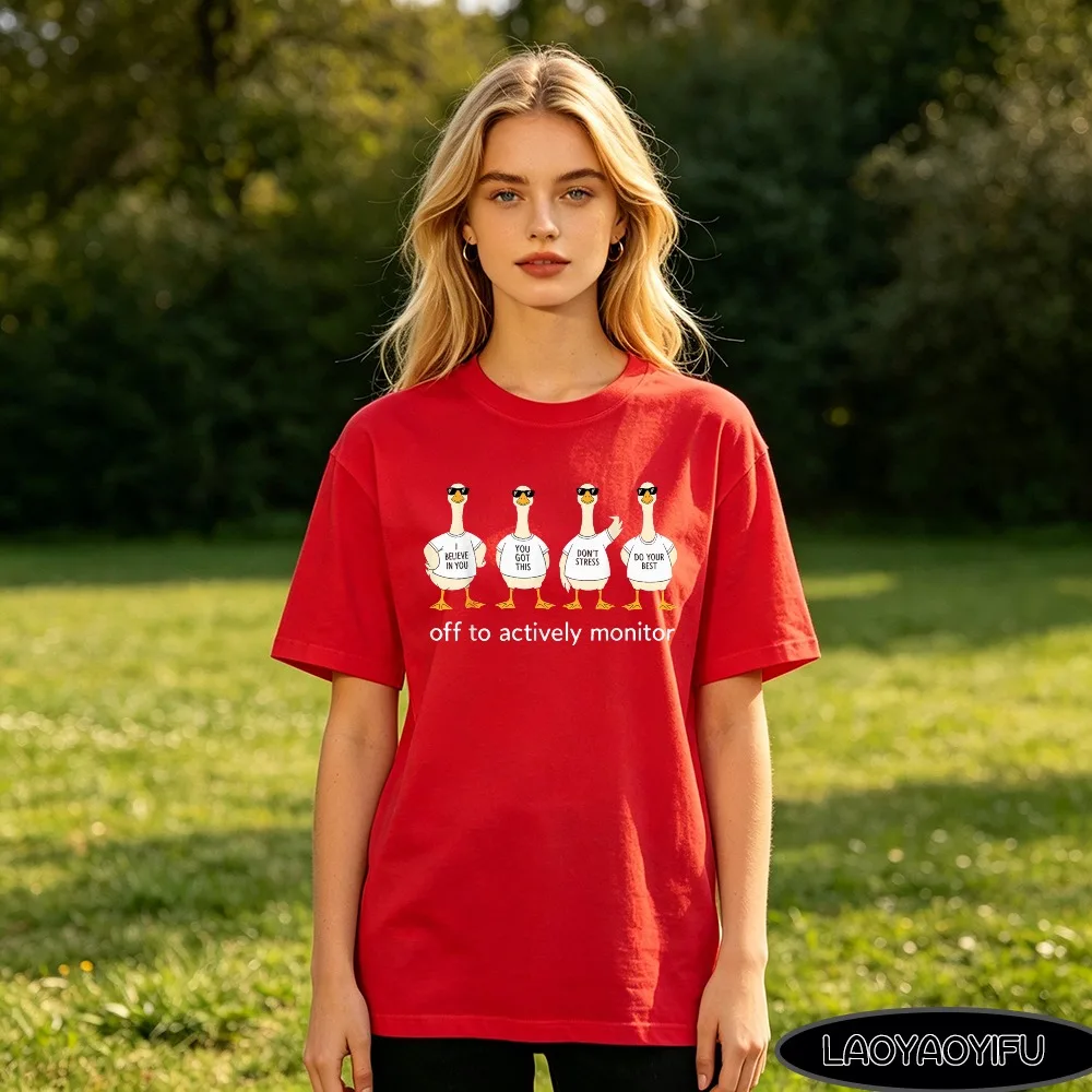 Positive Quote Duck Goose Cartoon Graphic T Shirt Soft Cotton Round Neck Oversized Tee Ladies Off To Actively Monitor Print
