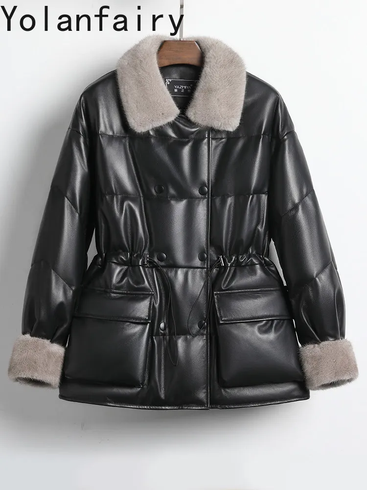 YOLANFAIRY Real Sheepskin Leather Down Coat Mid-length Genuine Leather Jacket Women Mink Fur Collar Thickened Winter Outerwear