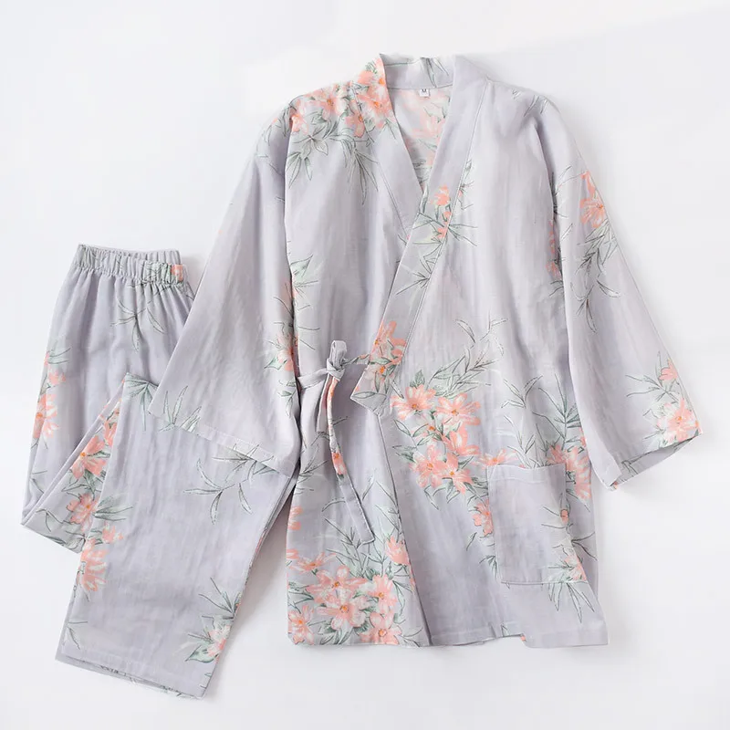 2024 New Seven-Sleeve Japanese-Style Kimono Pajamas Set Female Spring And Autumn 100% Cotton Gauze Home Clothes Cute Sweet