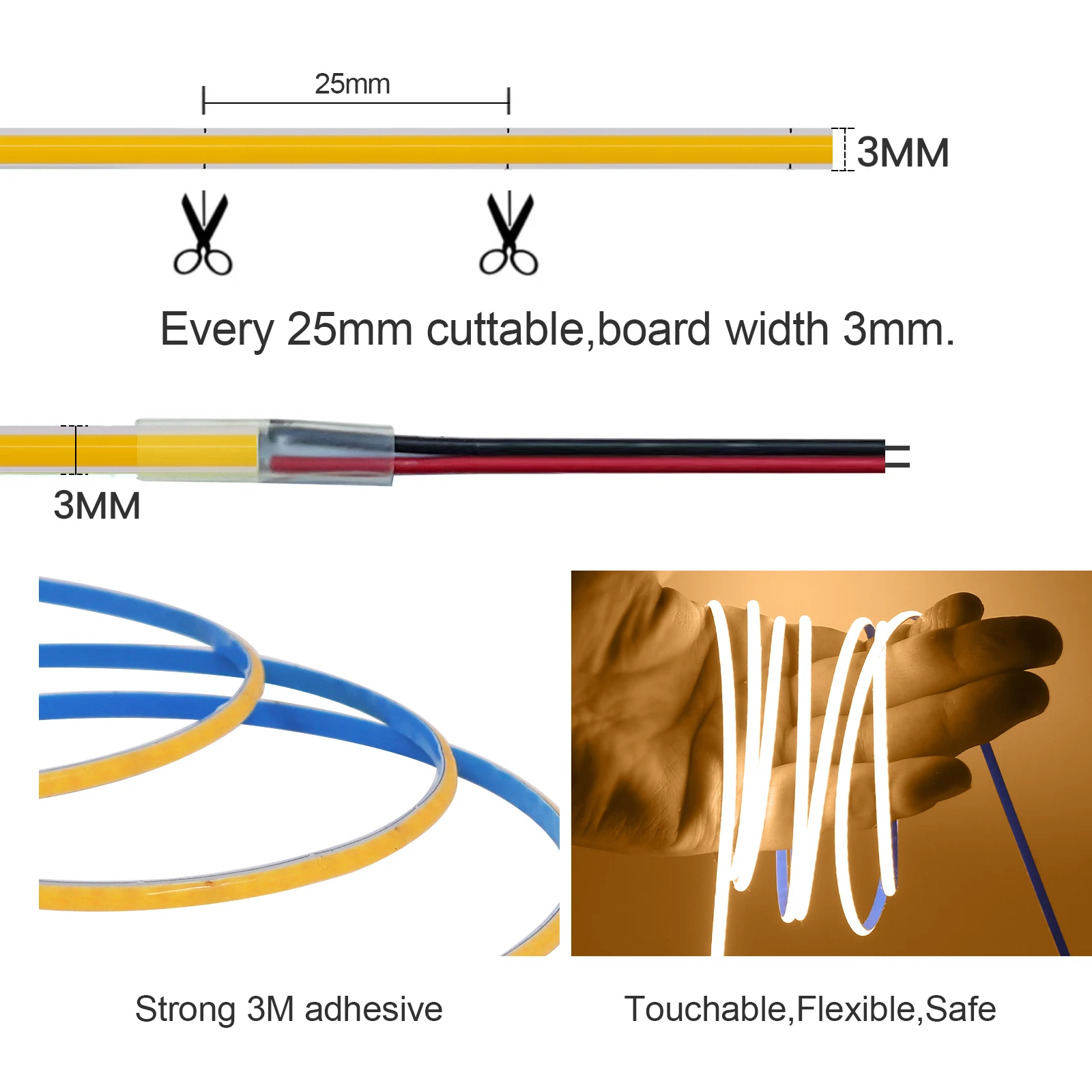 FOB COB LED Strip 12V 3mm Ultra Thin COB Lights Stripe 320Leds/m High Bright Flexible Tape Ribbon Rope Lamp 3000K 4000K 6000K