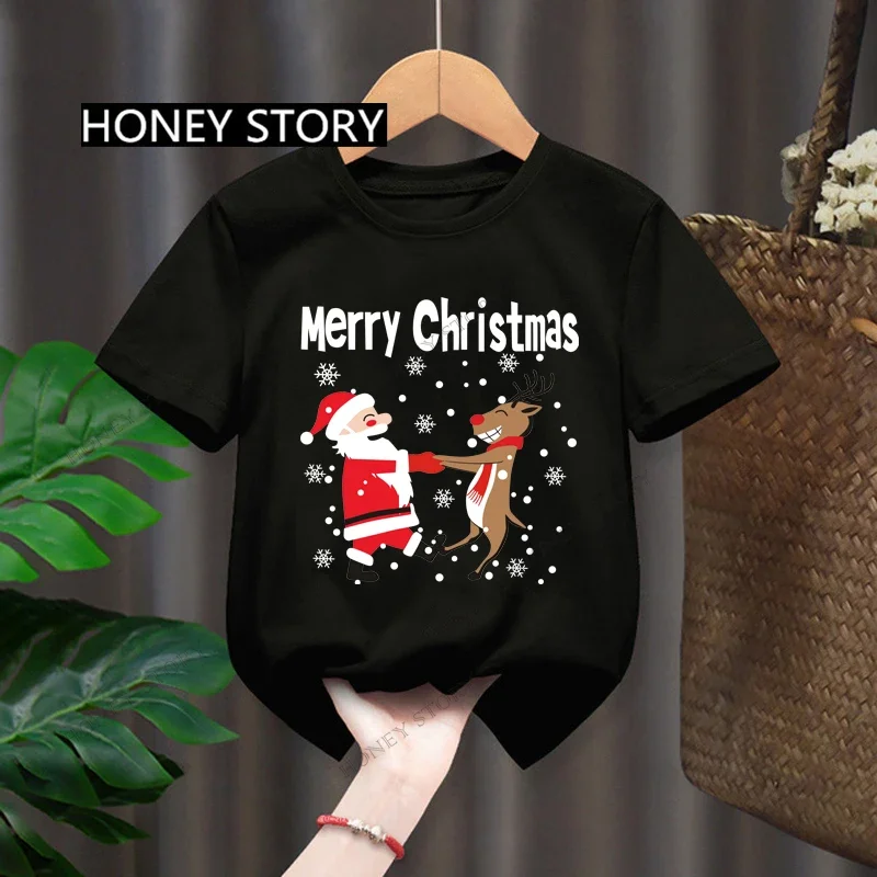 Happy Christmas New Children's Snowman Santa Claus Christmas Tree Print Children's Red T-shirt Short-sleeved Tops Boy Girls Tee