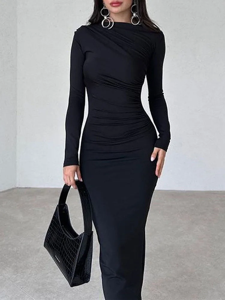 Women Elegant Solid Black Bodycon Maxi Dress Long Sleeve Lady O-neck Evening Party Vestidos Robe