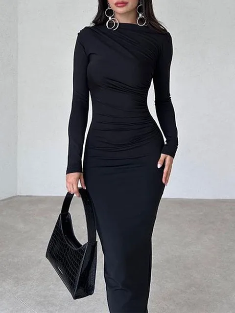 Damska elegancka, solidna czarna obcisła sukienka Maxi z długim rękawem Lady O-neck wieczorowa impreza Vestidos Robe