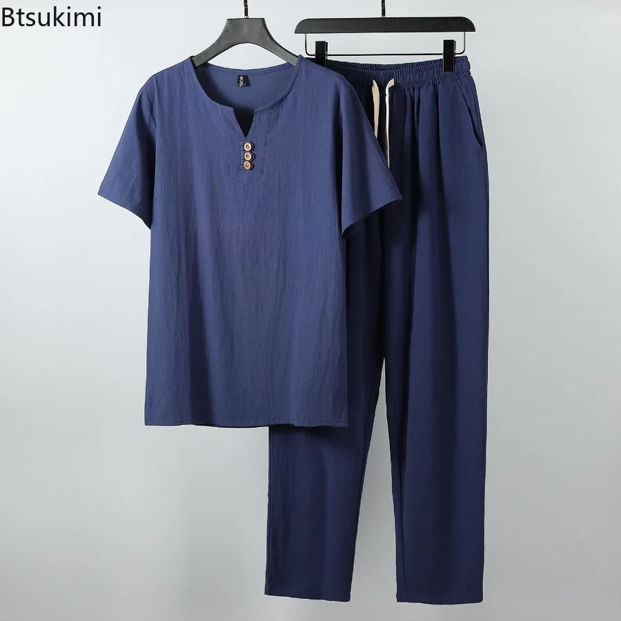 New 2025 Summer Linen Suit Men's Button Cotton and Linen Casual Retro T-shirt V Chinese Style Solid Color Loose Male Clothing