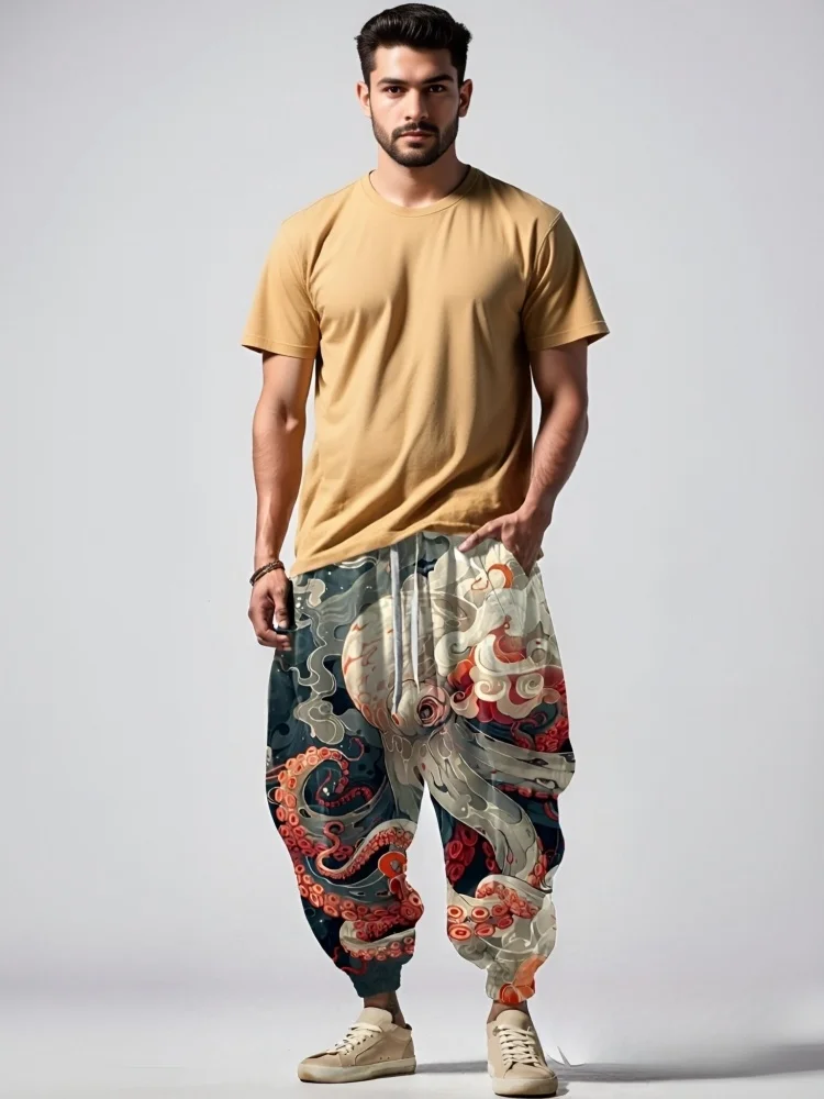 

Повседневные брендовые новые осенние брюки мужские японские самурайские черепа с художественным принтом свободные спортивные штаны с завязками на талии 2025 брюки одежда