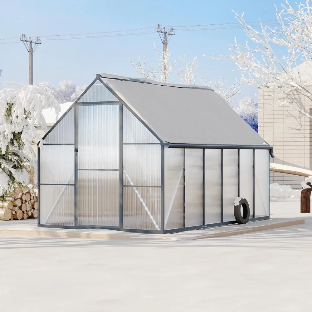 

Aluminum Polycarbonate Greenhouse for Outdoors, Large Walk-InGreenhouse with Quick Setup Structure and Roof Vent, Greenhouse wit