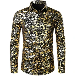 Men's Luxury Gold Floral Dress Shirt 3D Full Print Long Sleeve Button Down Shirts For Party Mens Casual Dress Blouse Tops