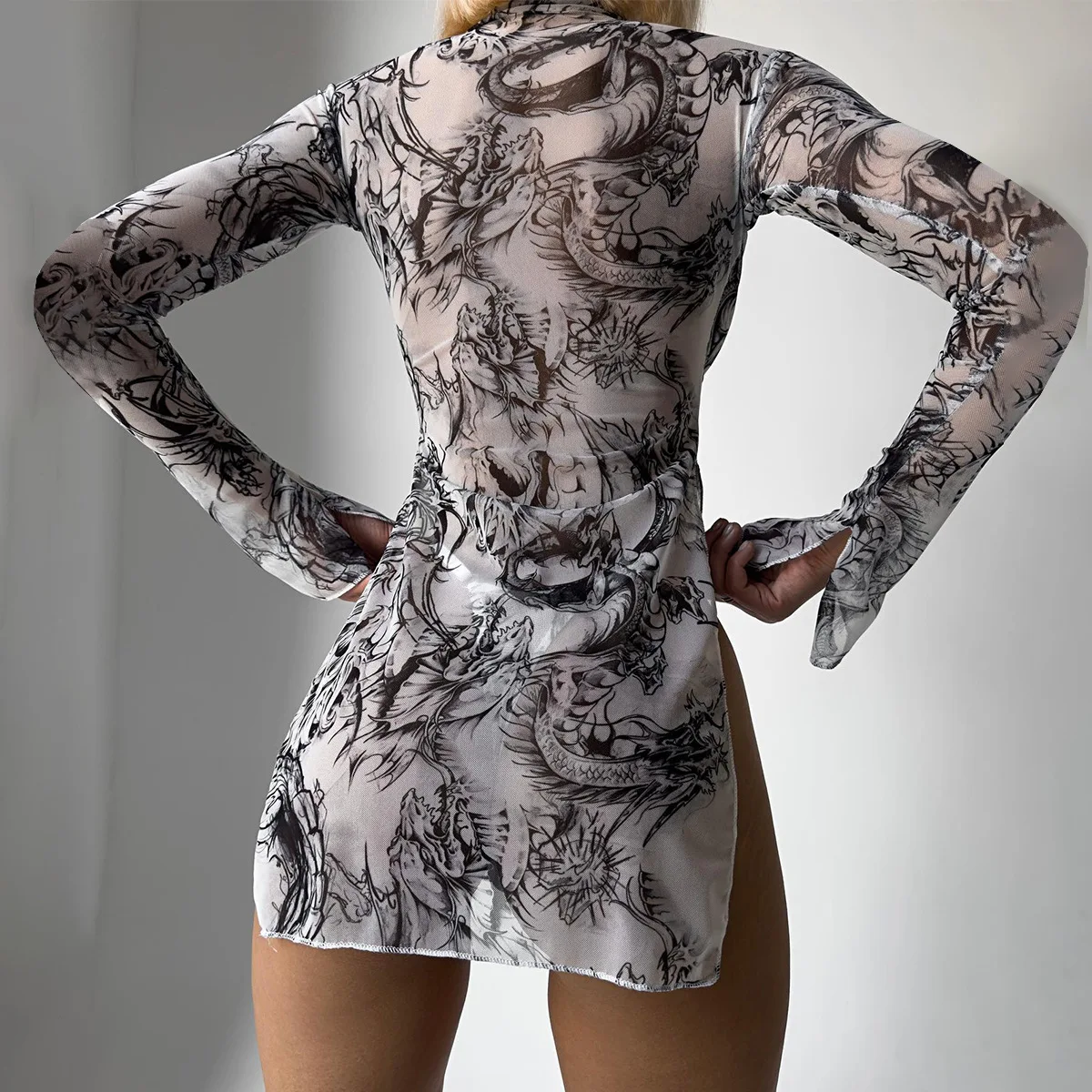 CHUANGERM المرأة مثير ارتداءها طويلة الأكمام التعادل صبغ شبكة انظر من خلال مشد أعلى قطعة واحدة الهذيان الزي sexys كامل #5