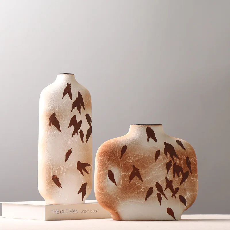 Ceramic Vase Flat Shape Chinese-style Retro Cans Maple Leaf and Swallow Pattern Flower Vase Ceramic Handicrafts Home Decoration