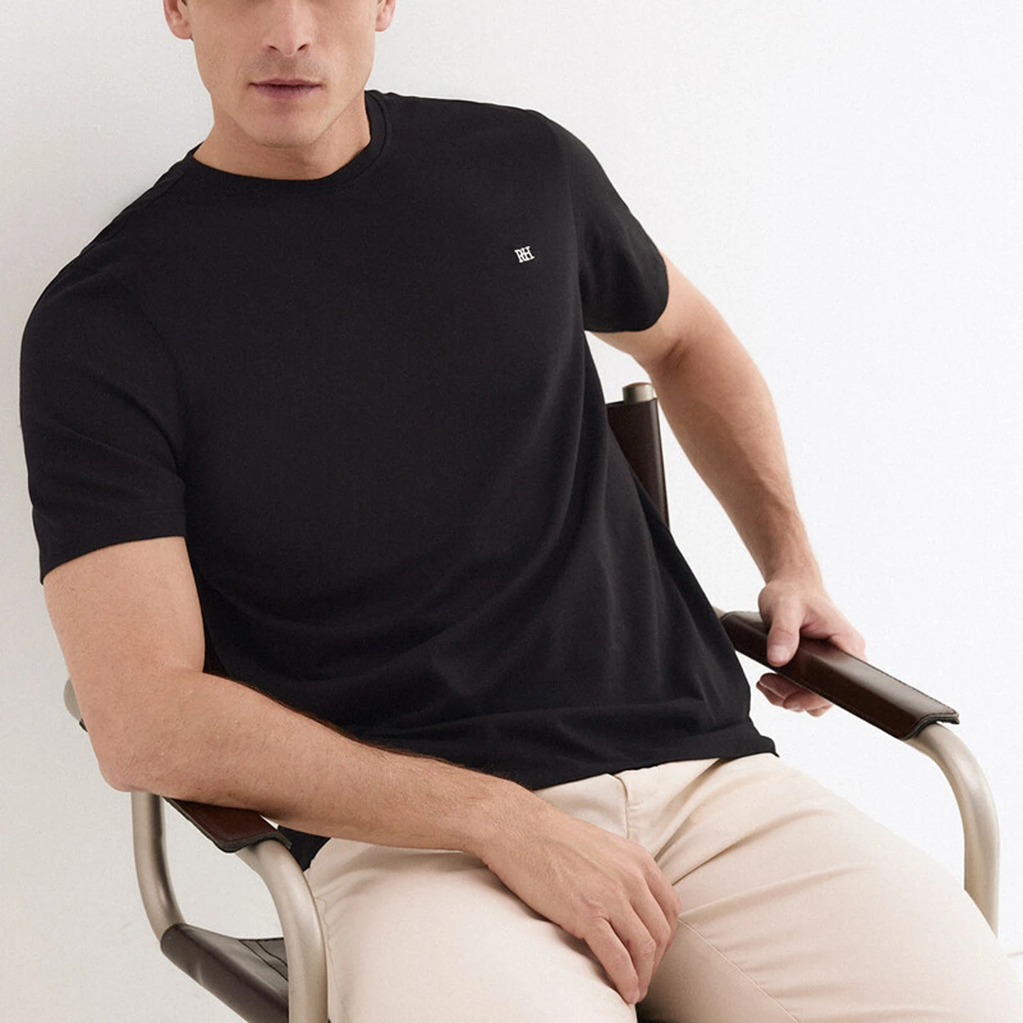 PDH Men Crew Neck Short Sleeve T Shirt Simple White Embroidered Logo Basic Casual Daily Wear Soft Cotton Tee Top Blouse