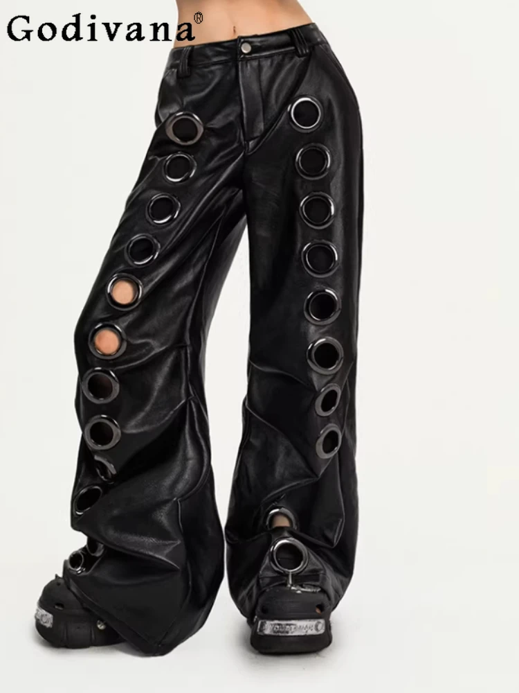 

Spring Autumn Personality Retro Punk Dark Straight Wide Leg Pu Leather Pants Fashion High Waist Street Handsome Retro Trousers