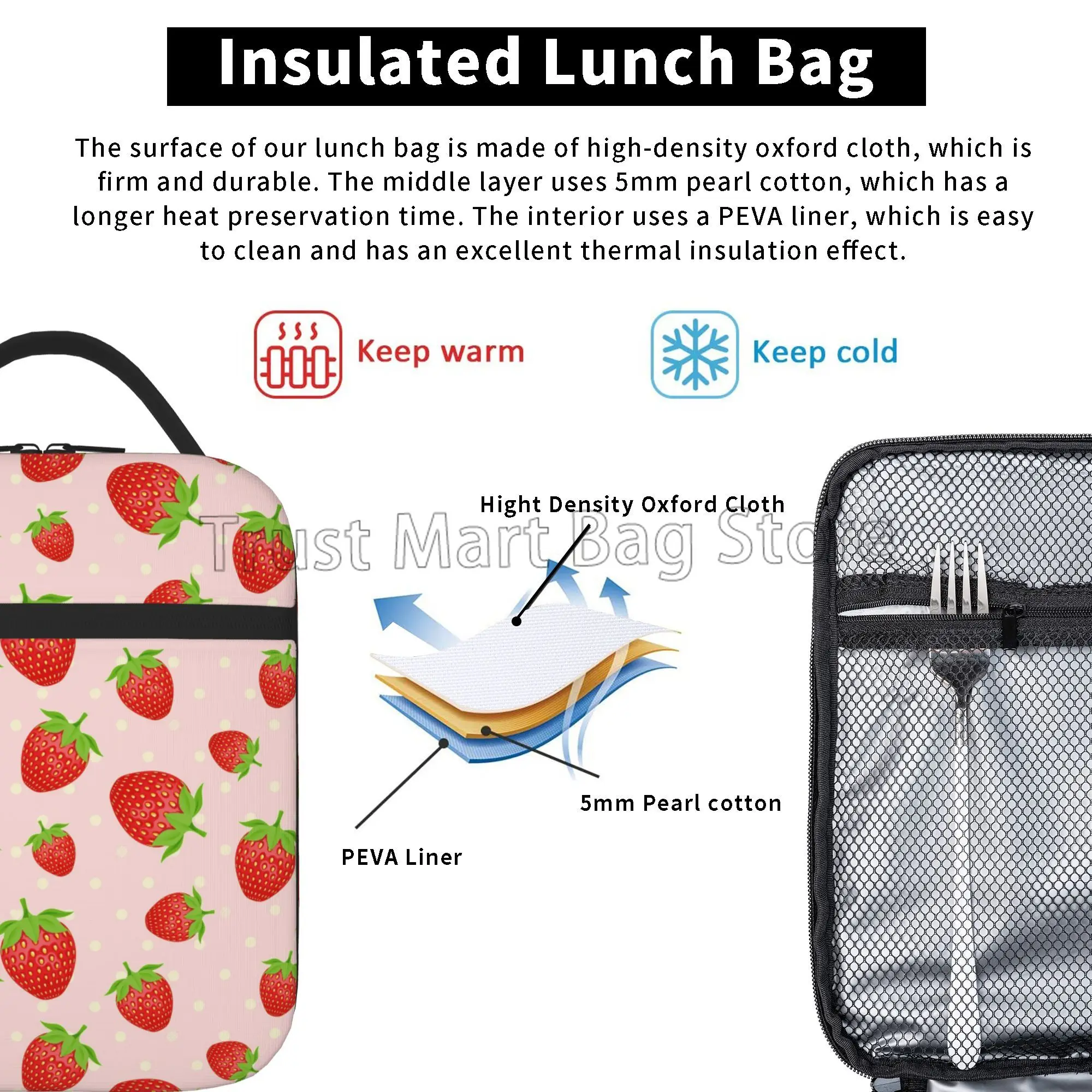 Strawberry Lunch Bag Reusable Insulated Lunch Box Back To School Gift Meal Tote for Boys Girls Cooler Bag for Work School Picnic