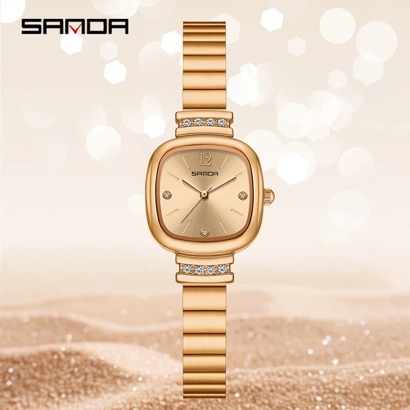 SANDA 브랜드 패션 작은 사각형 숙녀 시계 스테인레스 스틸 스트랩 쿼츠 손목 시계 여성용 패션 럭셔리 선물 시계