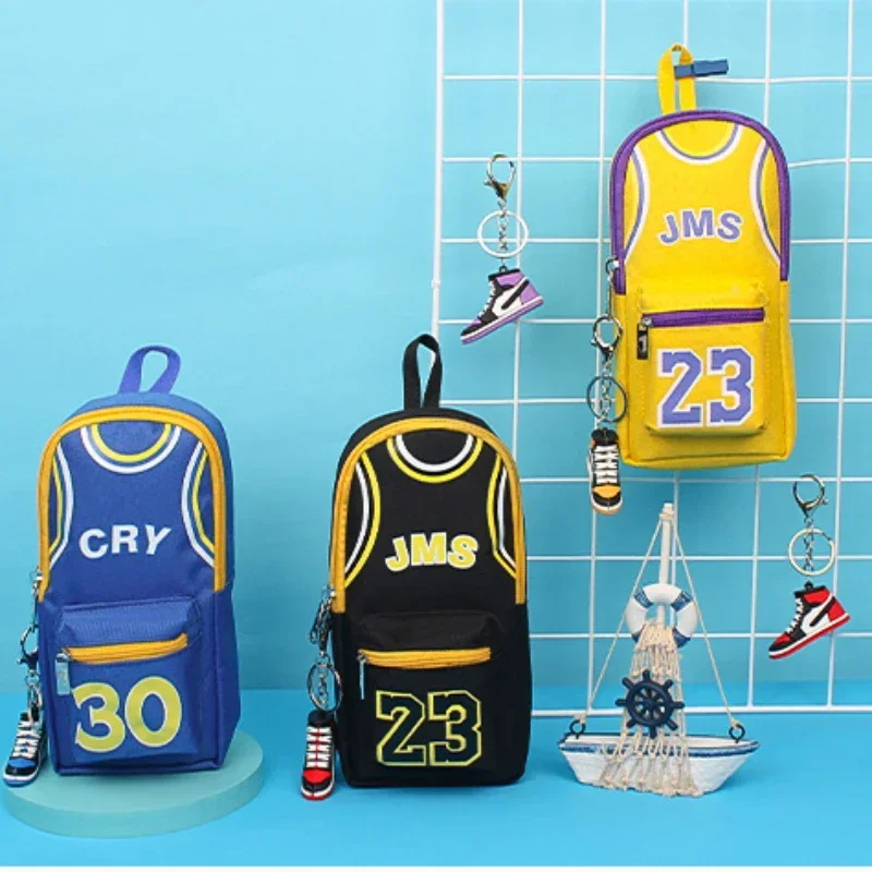 Estuche para lápices con tema de baloncesto de gran capacidad con doble capa, estuche de lona para estudiantes, lindos bolsas para lápices