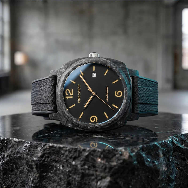 40mm Men's Vintage Pilot Mechanical Men Watch Carbon Fiber  8215 Movement See-through Back  Rubber Strap 10ATM