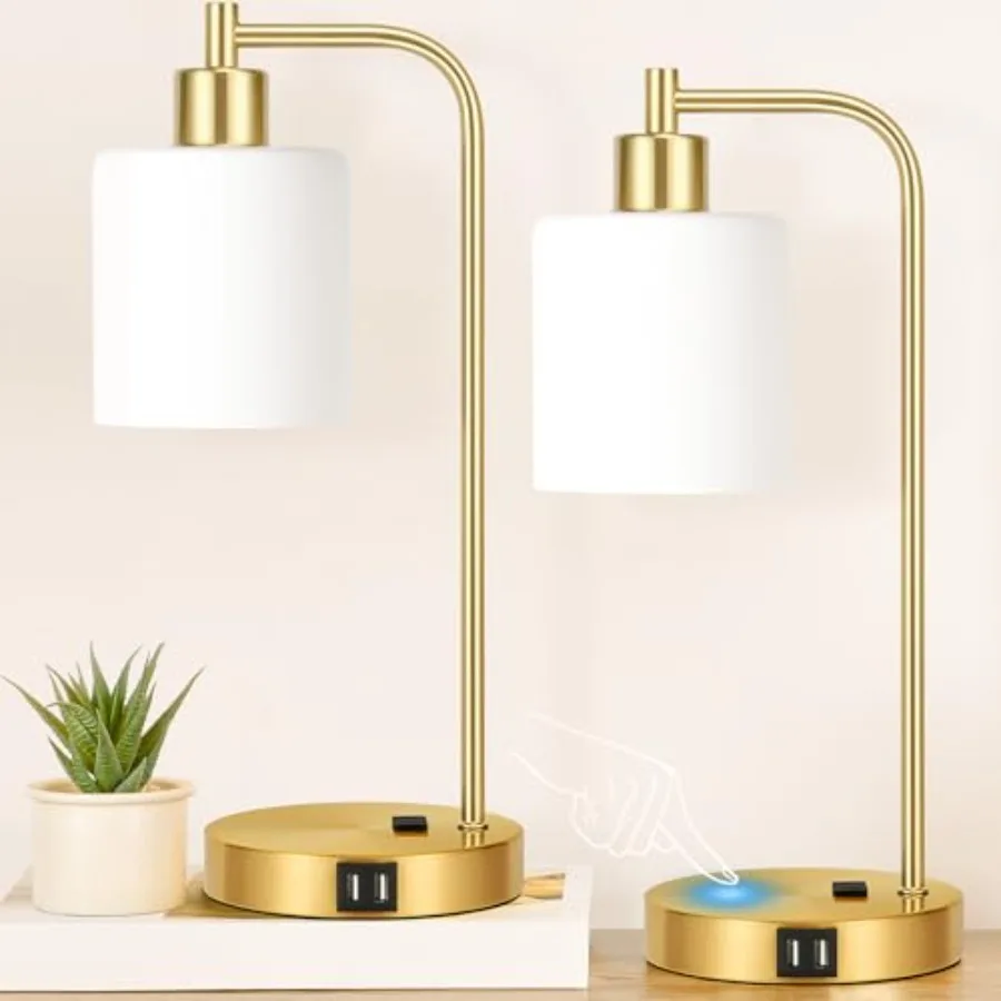 

Set of 2 Industrial Touch Control Table Lamps with 2 USB Ports and AC Outlet - 3-Way Dimmable Gold Bedside Lamps Nightstand Des