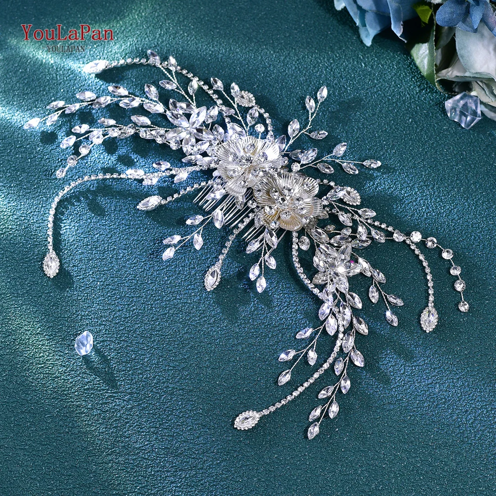 YoulaPan-Rhinestone Flor Pente De Cabelo para A Noiva, Casamento Festa Headwear, Bridal Acessórios, Ornamentos para Damas De Noiva Presente, Cor Prata, HP707