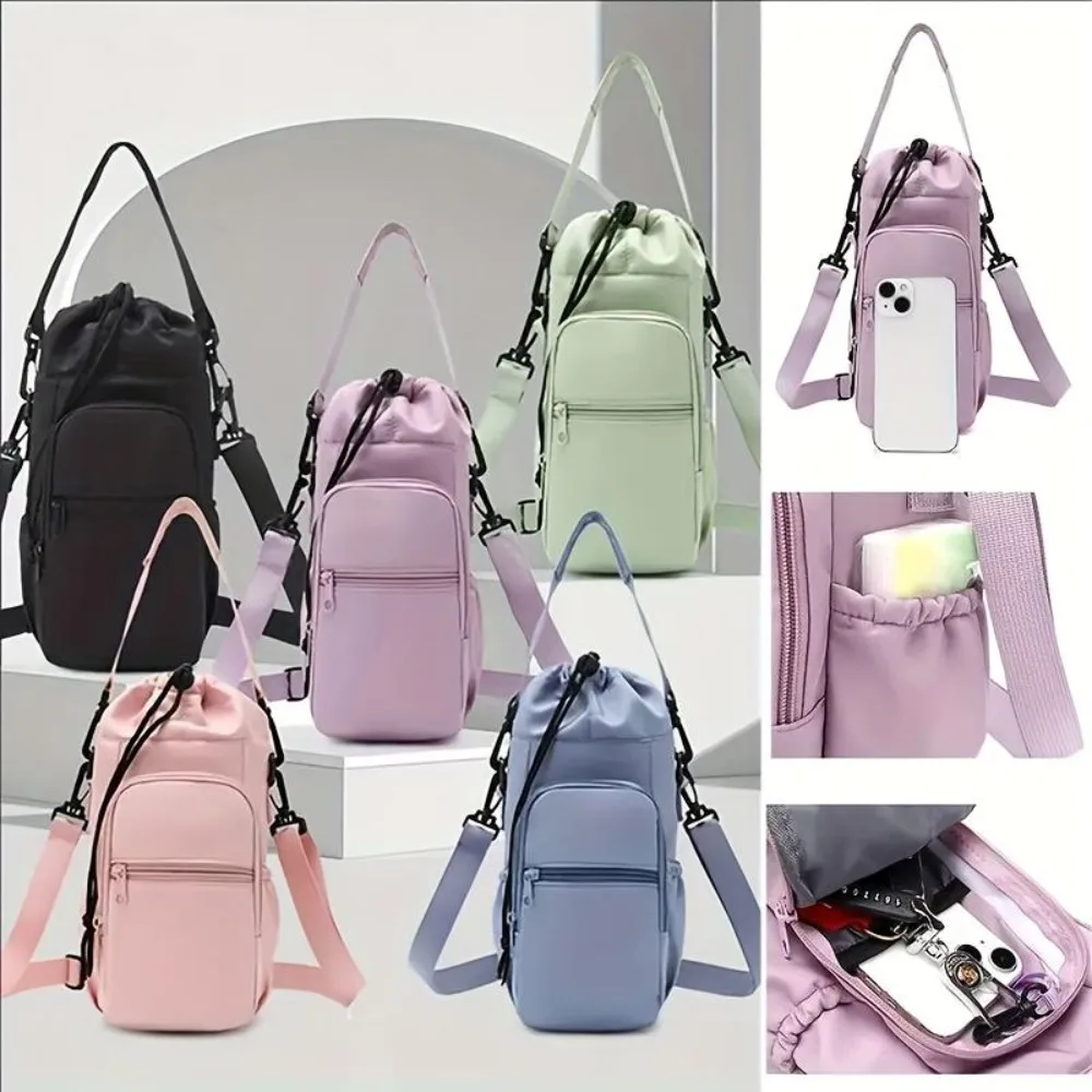 Insulated Water Bottle Carrier Crossbody Sling Phone Pocket Bag Adjustable Strap Outdoor Sports Shoulder Holder Cup Sleeve