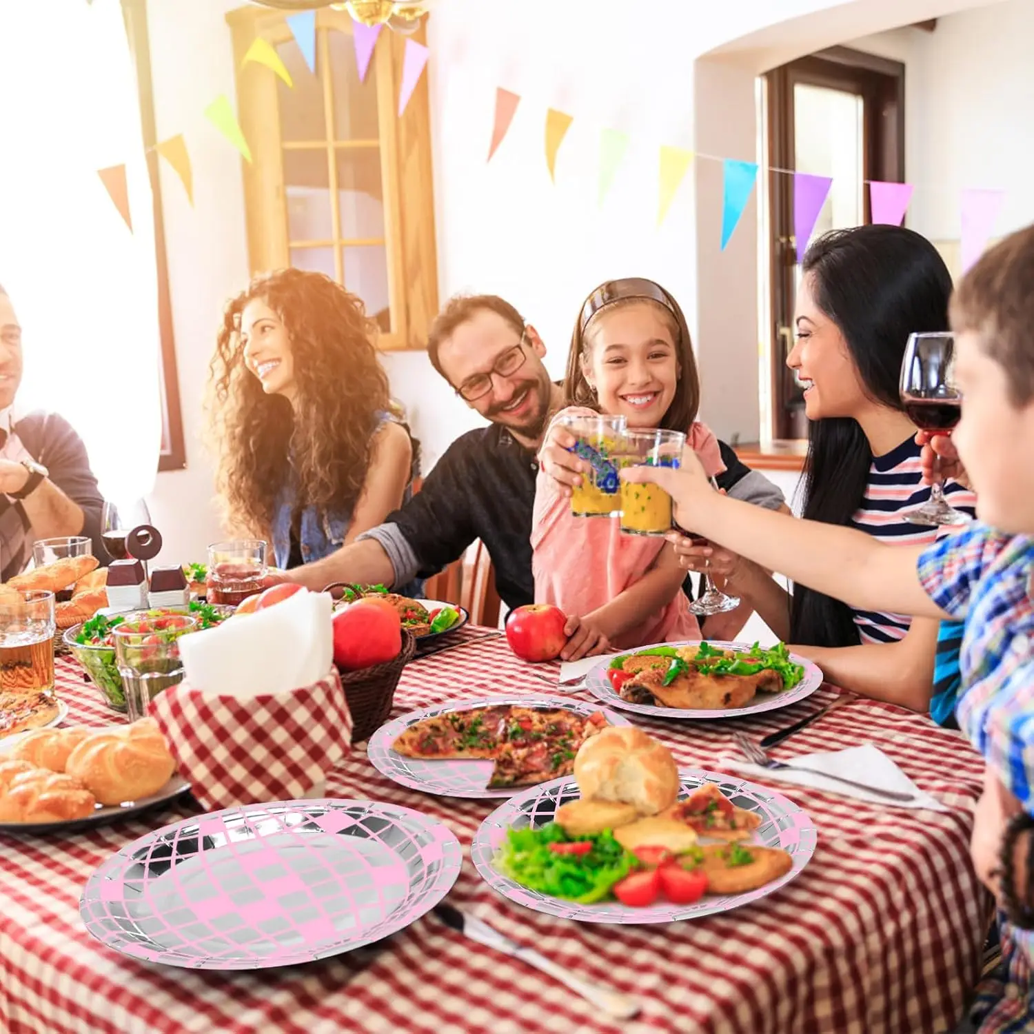 10 Stück - Für 10 Gäste geeignet, rosa leuchtende Kugel, Einweg-Pappteller, Disco-Party-Geschirr, Einweg-Rundteller, Tischgeschirr – Detail 6