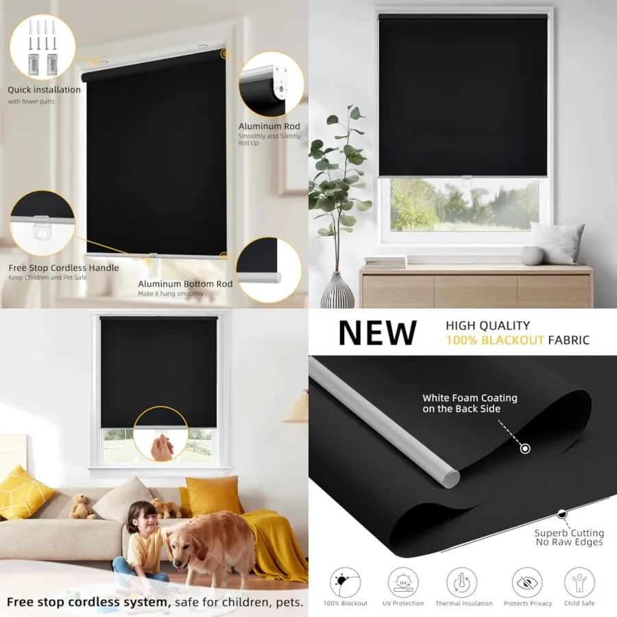 

Cordless Free-Stop 100% out Blinds for Windows, Roller Windows Shades with Thermal Insulated, UV Protection Fabric for Living R